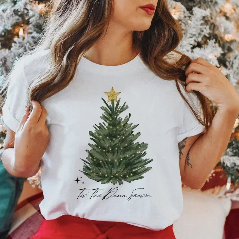 Camiseta feminina estampada com decote redondo, feliz ano novo, anos 90, árvore de natal, estampa, estilo fashion, estilo casual de rua, tamanho grande