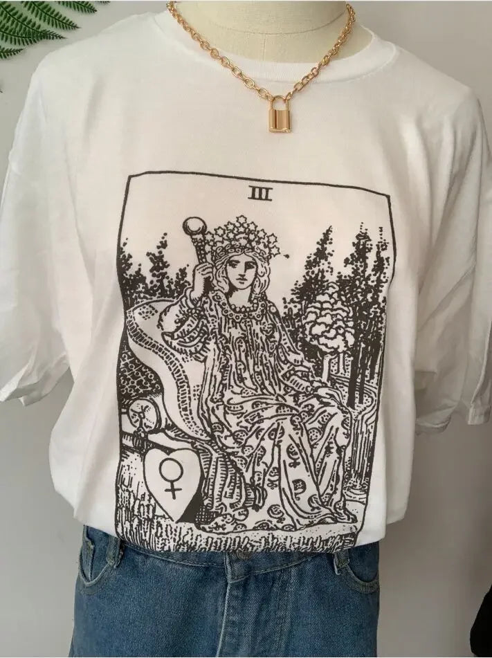 Camiseta de tarô da imperatriz, arcanos maiores, adivinhação, ocultismo, camiseta casual, gola redonda, casual para mulheres, camiseta de algodão