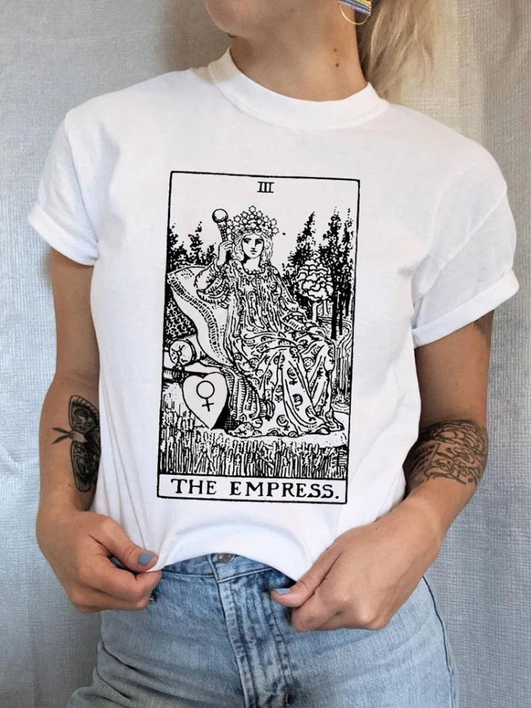 Camiseta de tarô da imperatriz, arcanos maiores, adivinhação, ocultismo, camiseta casual, gola redonda, casual para mulheres, camiseta de algodão